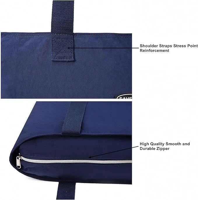 New Foldable Packable Zipper Closure Large Tote Bag Nylon Water Resistant Shopping Travel Gym Toy Bag Sandproof Beach Bag (NAVY)