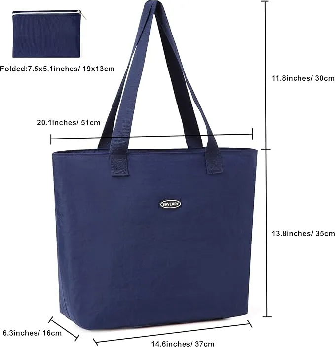 New Foldable Packable Zipper Closure Large Tote Bag Nylon Water Resistant Shopping Travel Gym Toy Bag Sandproof Beach Bag (NAVY)
