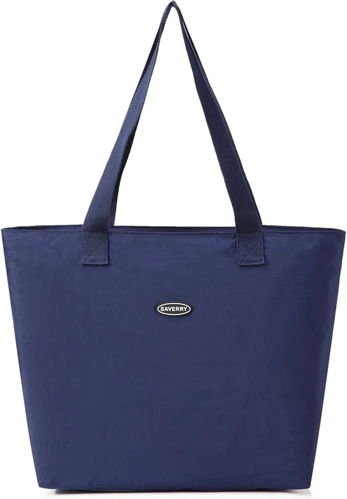 New Foldable Packable Zipper Closure Large Tote Bag Nylon Water Resistant Shopping Travel Gym Toy Bag Sandproof Beach Bag (NAVY)