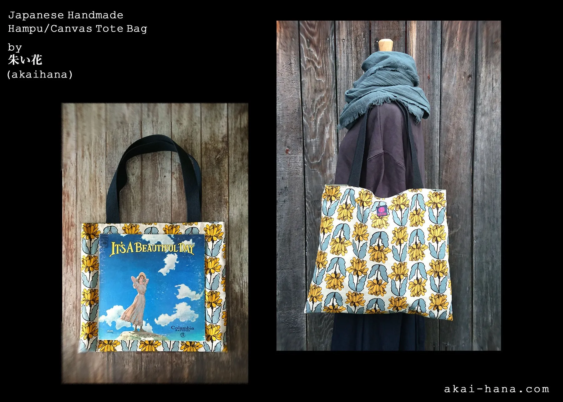 Nordic Floral Yellow, Japanese Handmade Linen Square Tote Bag