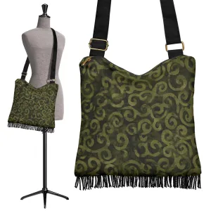 Olive Green Batik Swirls Design Canvas Printed Boho Bag With Fringe Crossbody Shoulder Purse