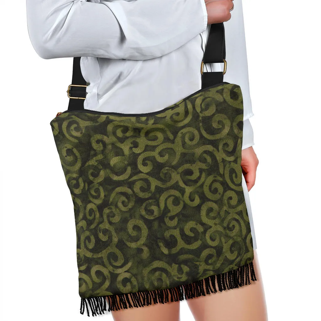 Olive Green Batik Swirls Design Canvas Printed Boho Bag With Fringe Crossbody Shoulder Purse