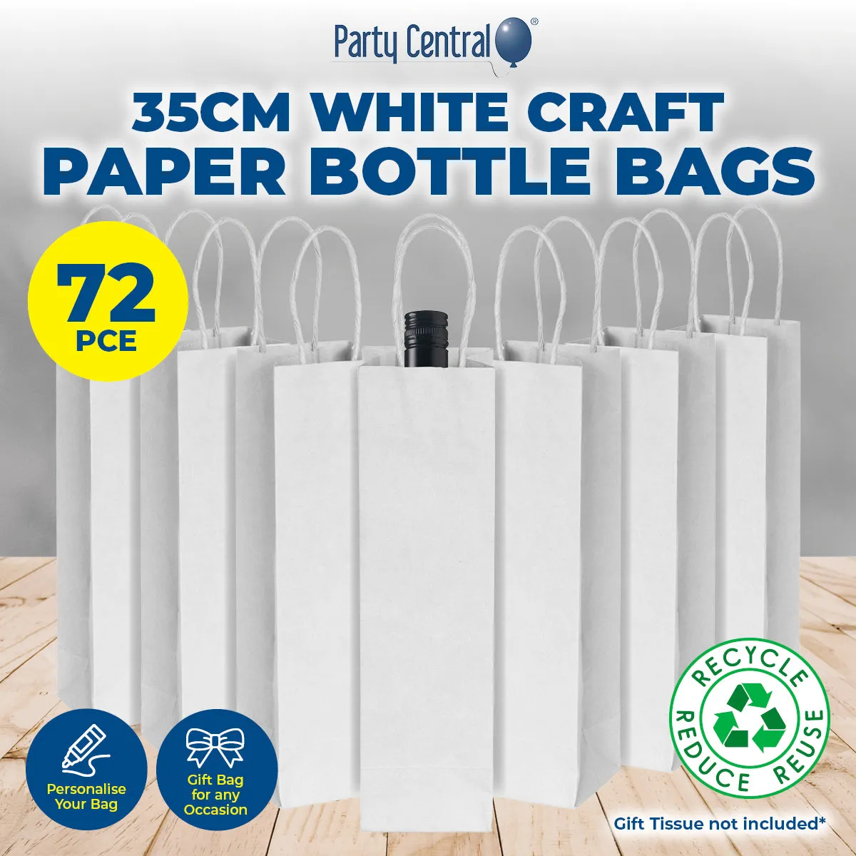 Party Central 72PCE Gift/Craft Paper Bottle Bags White Reusable 12 x 35cm