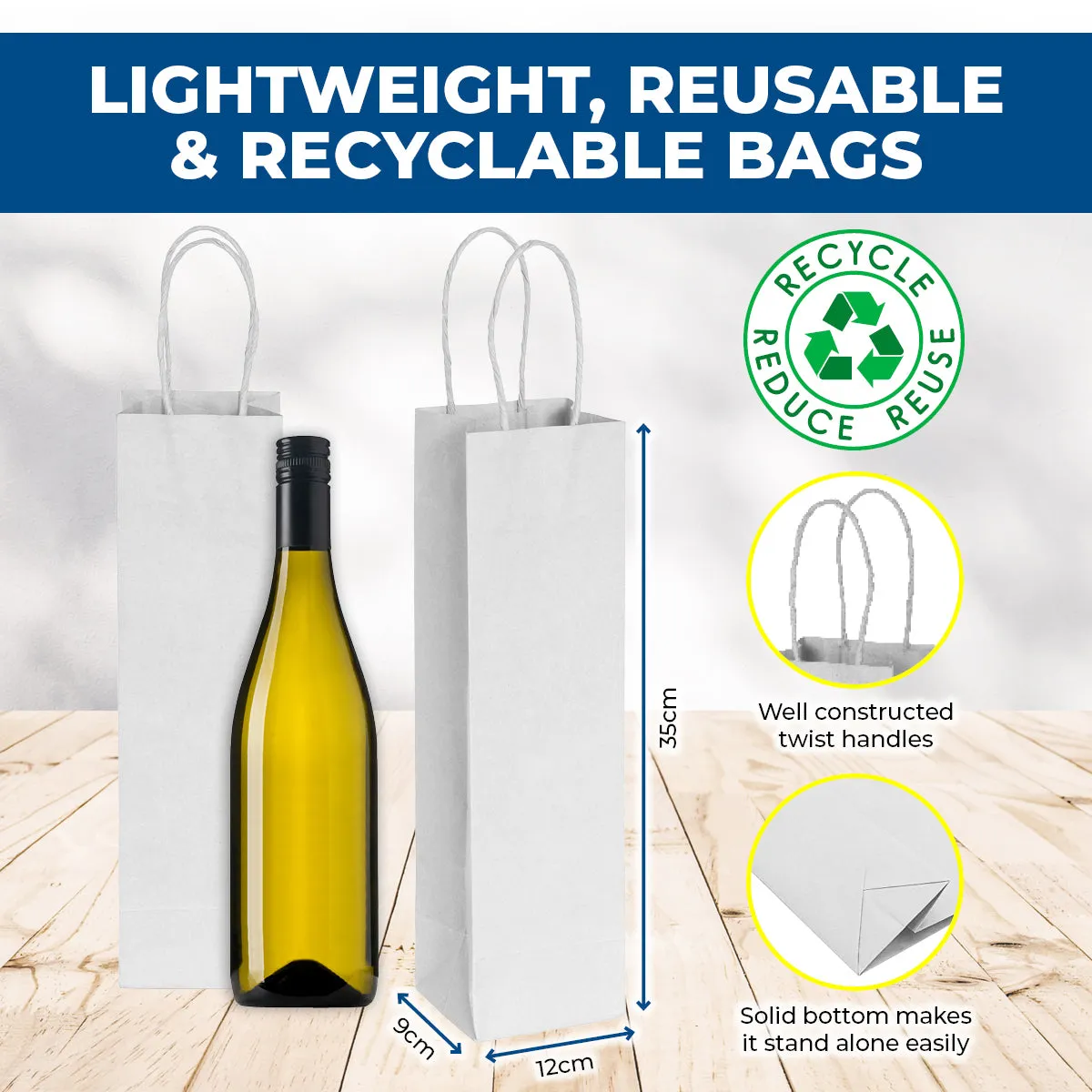 Party Central 72PCE Gift/Craft Paper Bottle Bags White Reusable 12 x 35cm