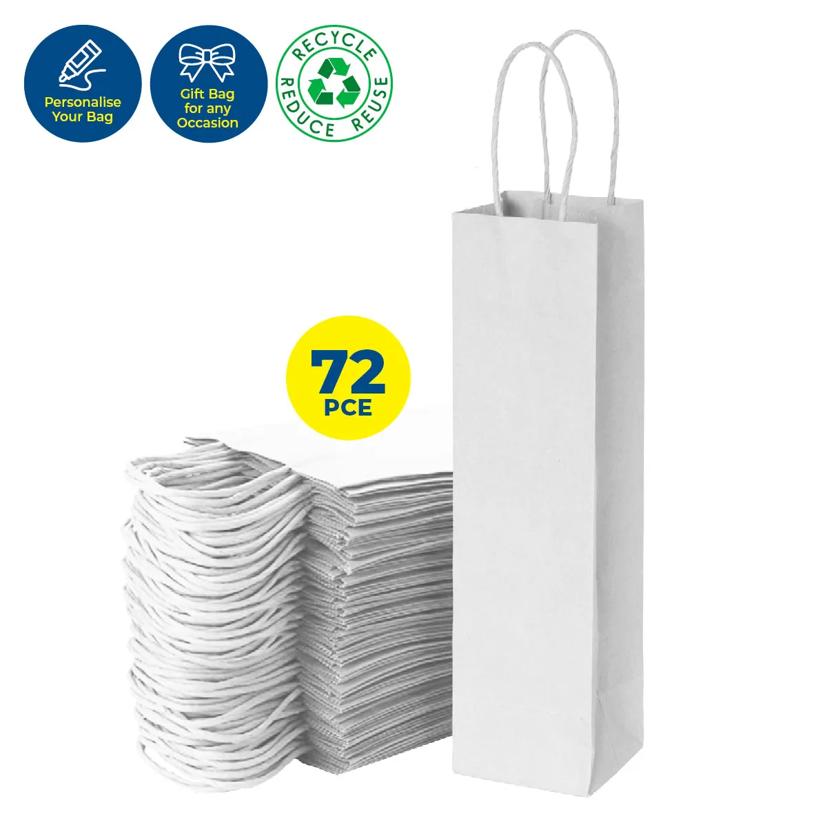 Party Central 72PCE Gift/Craft Paper Bottle Bags White Reusable 12 x 35cm