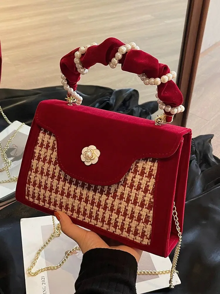Pearl Handle Houndstooth Square Bag