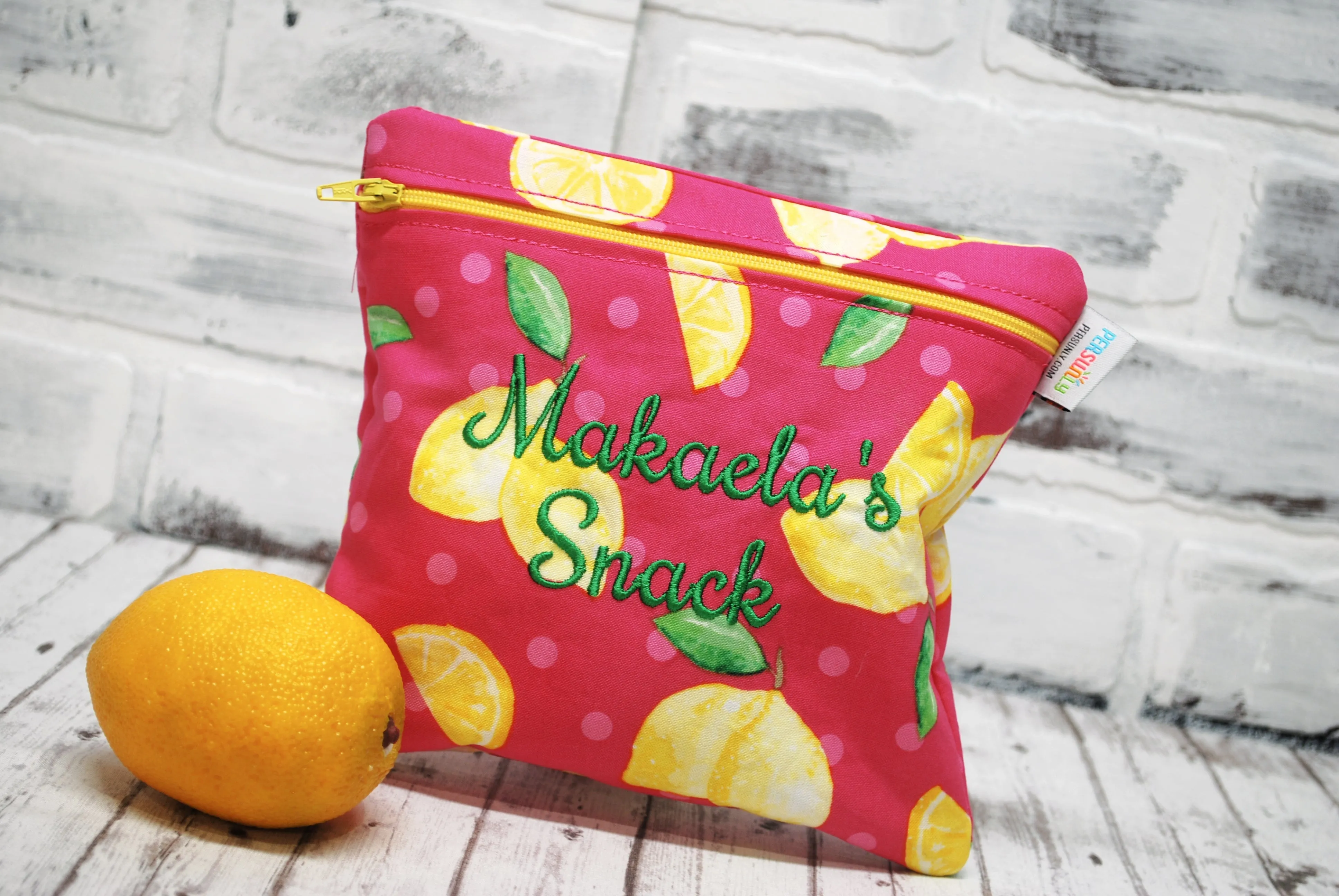 Pink and Lemons Personalized Reusable Food Bag