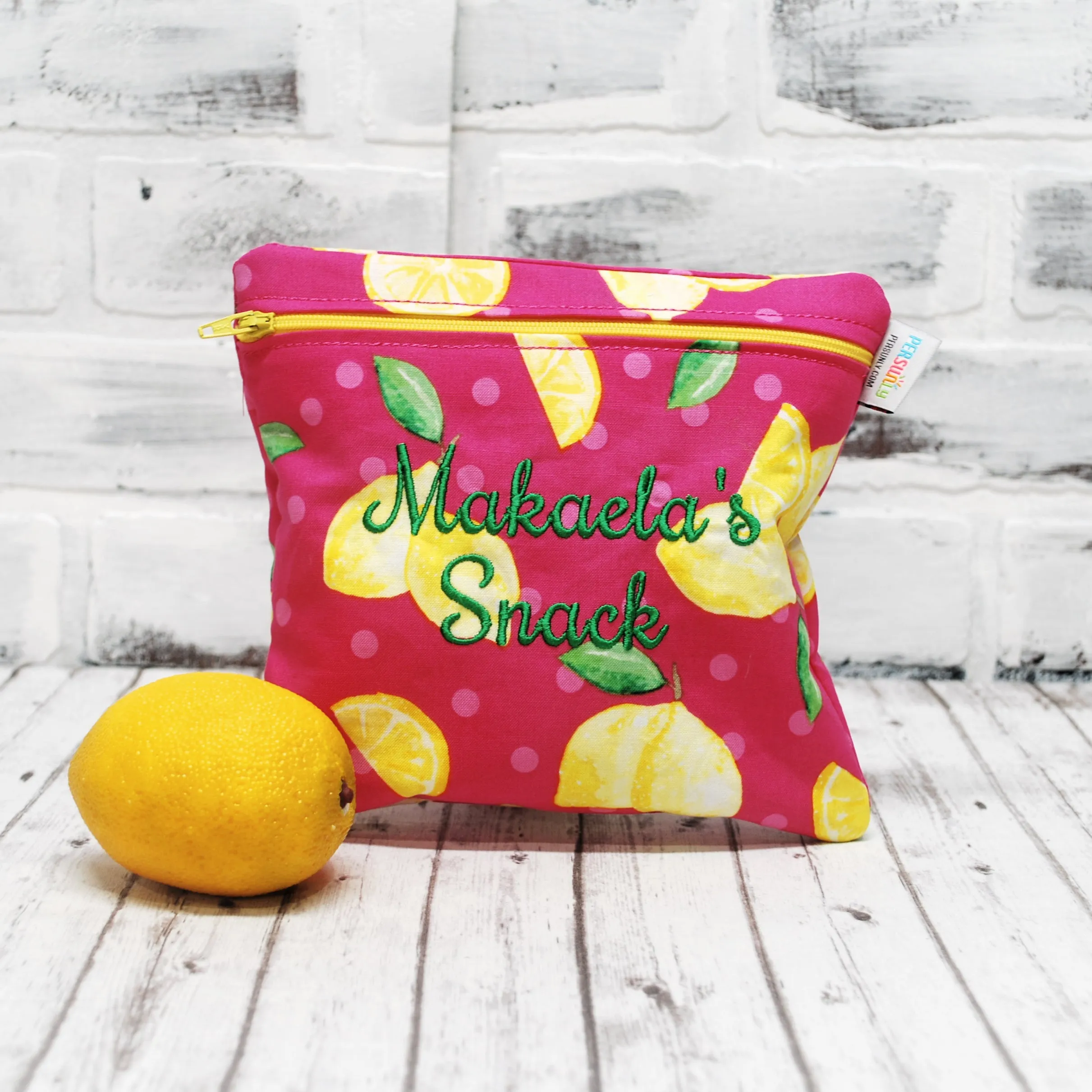 Pink and Lemons Personalized Reusable Food Bag