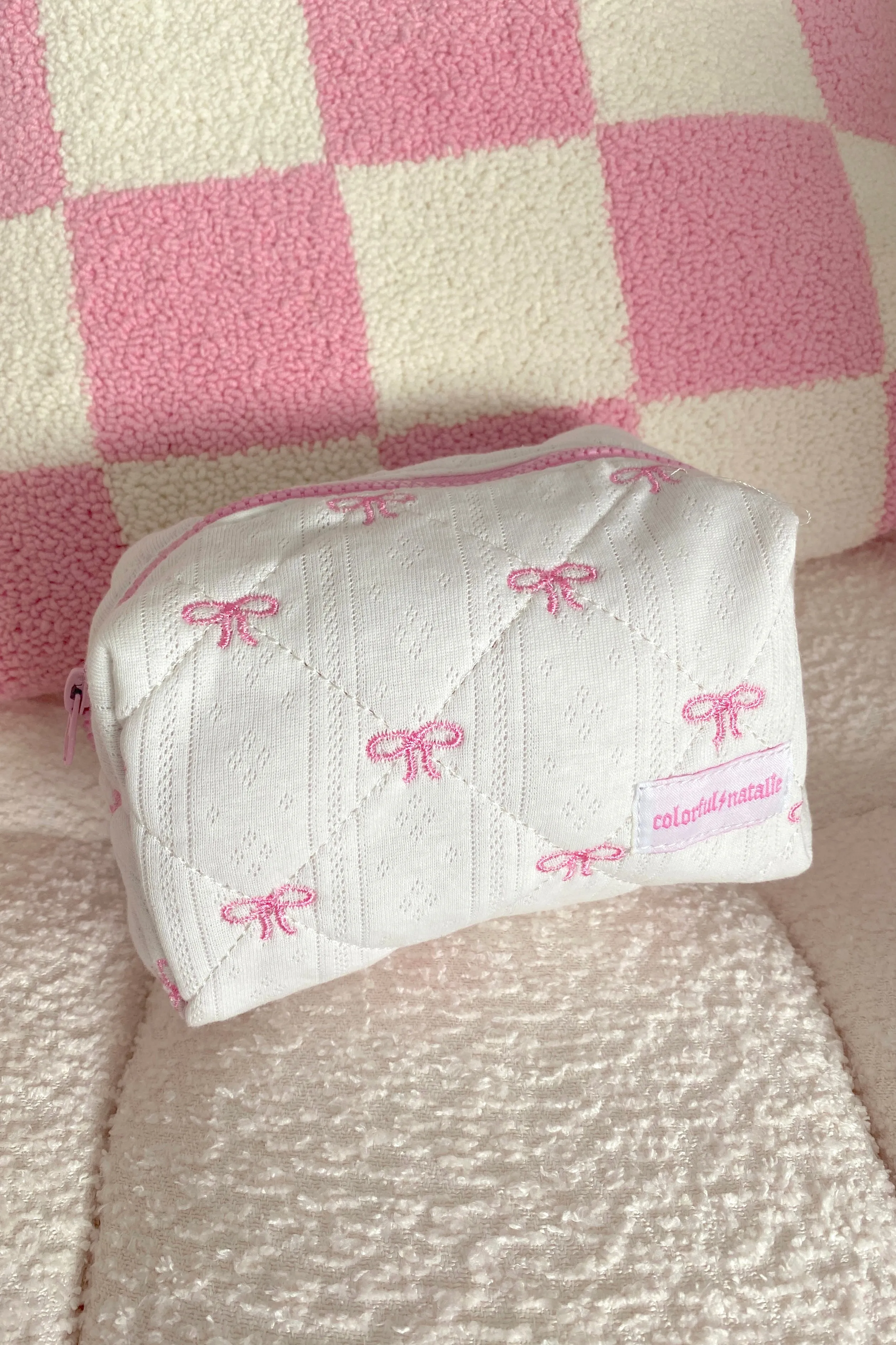 Pink Bows Small Embroidered Makeup Bag