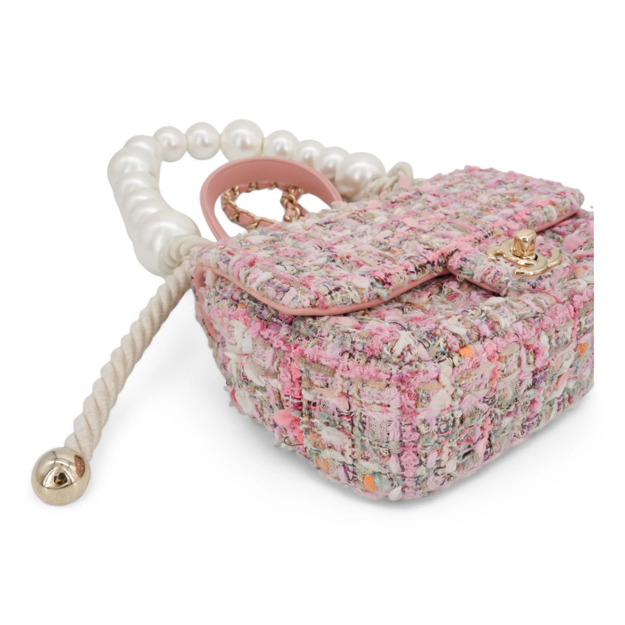 Pink Tweed Mini Pearl Handle Flap Bag