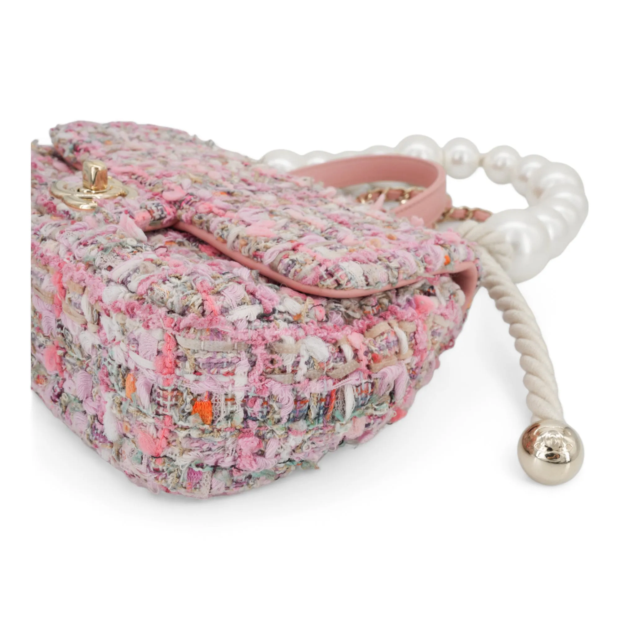 Pink Tweed Mini Pearl Handle Flap Bag