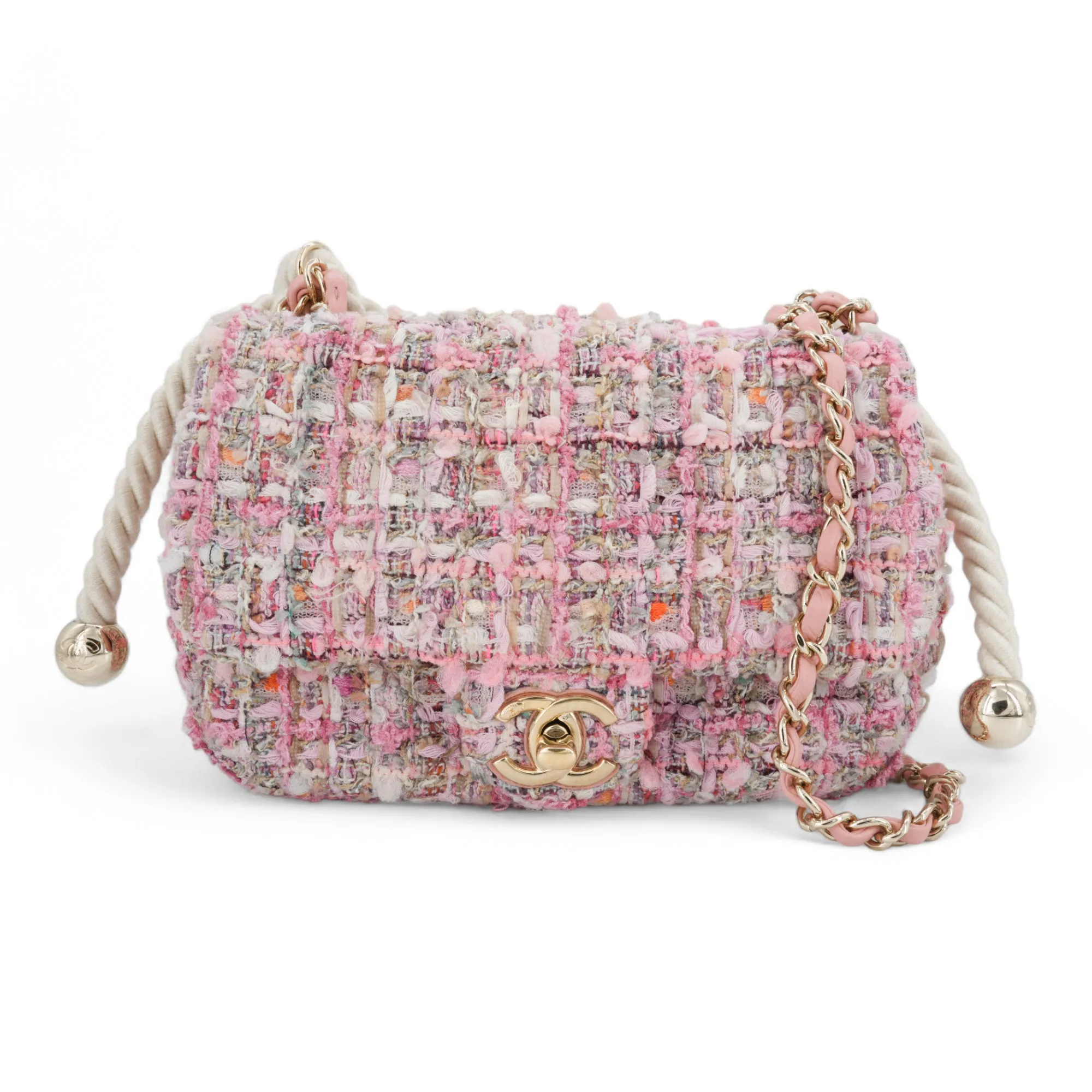 Pink Tweed Mini Pearl Handle Flap Bag