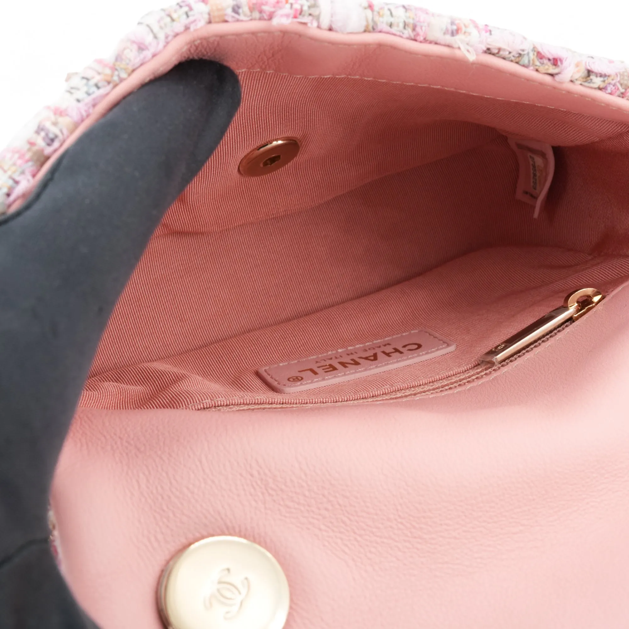 Pink Tweed Mini Pearl Handle Flap Bag
