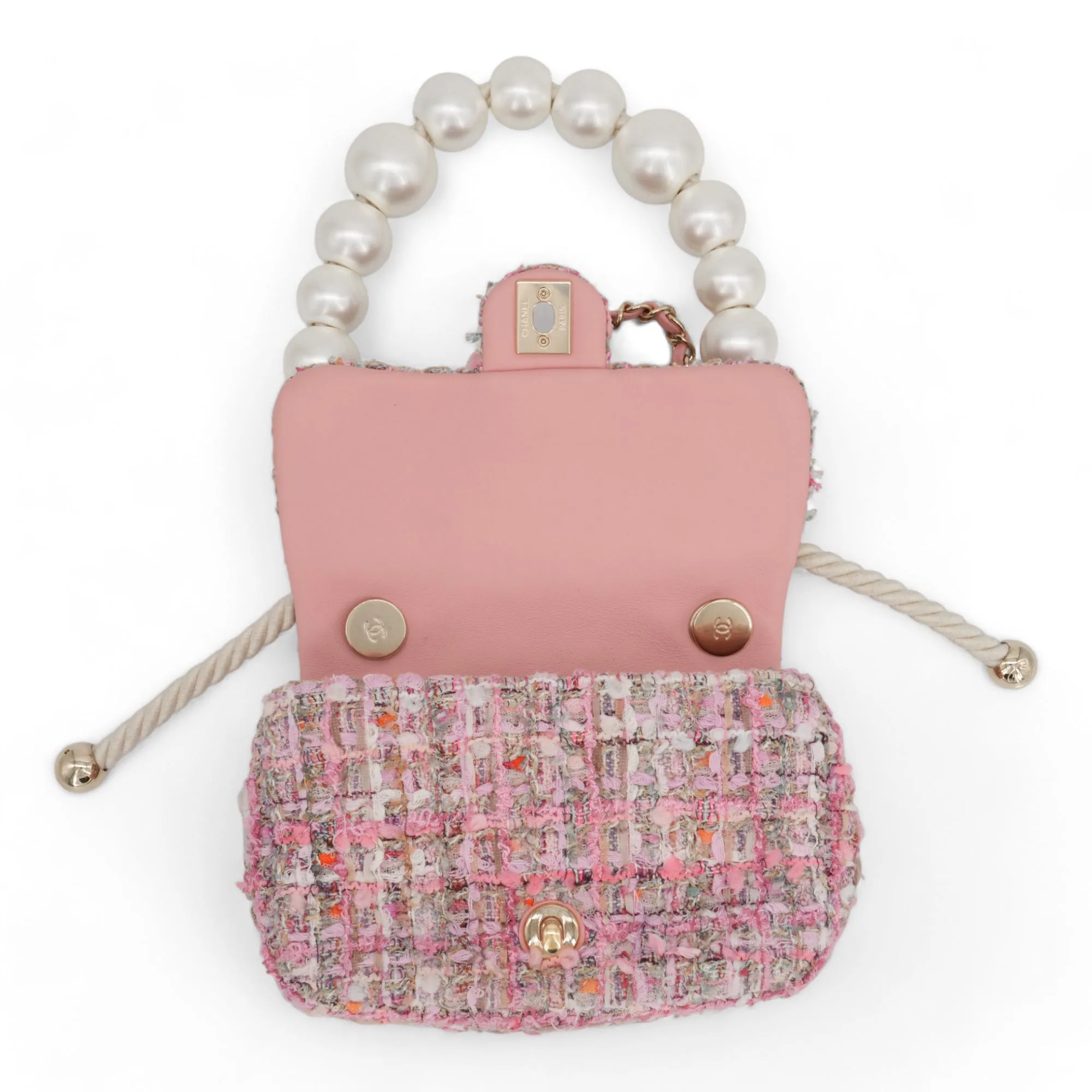 Pink Tweed Mini Pearl Handle Flap Bag