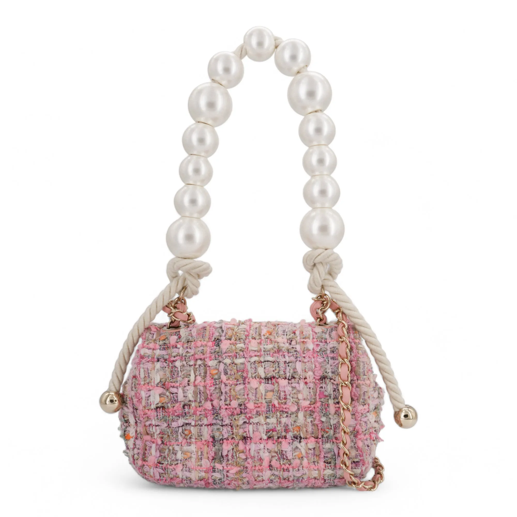 Pink Tweed Mini Pearl Handle Flap Bag