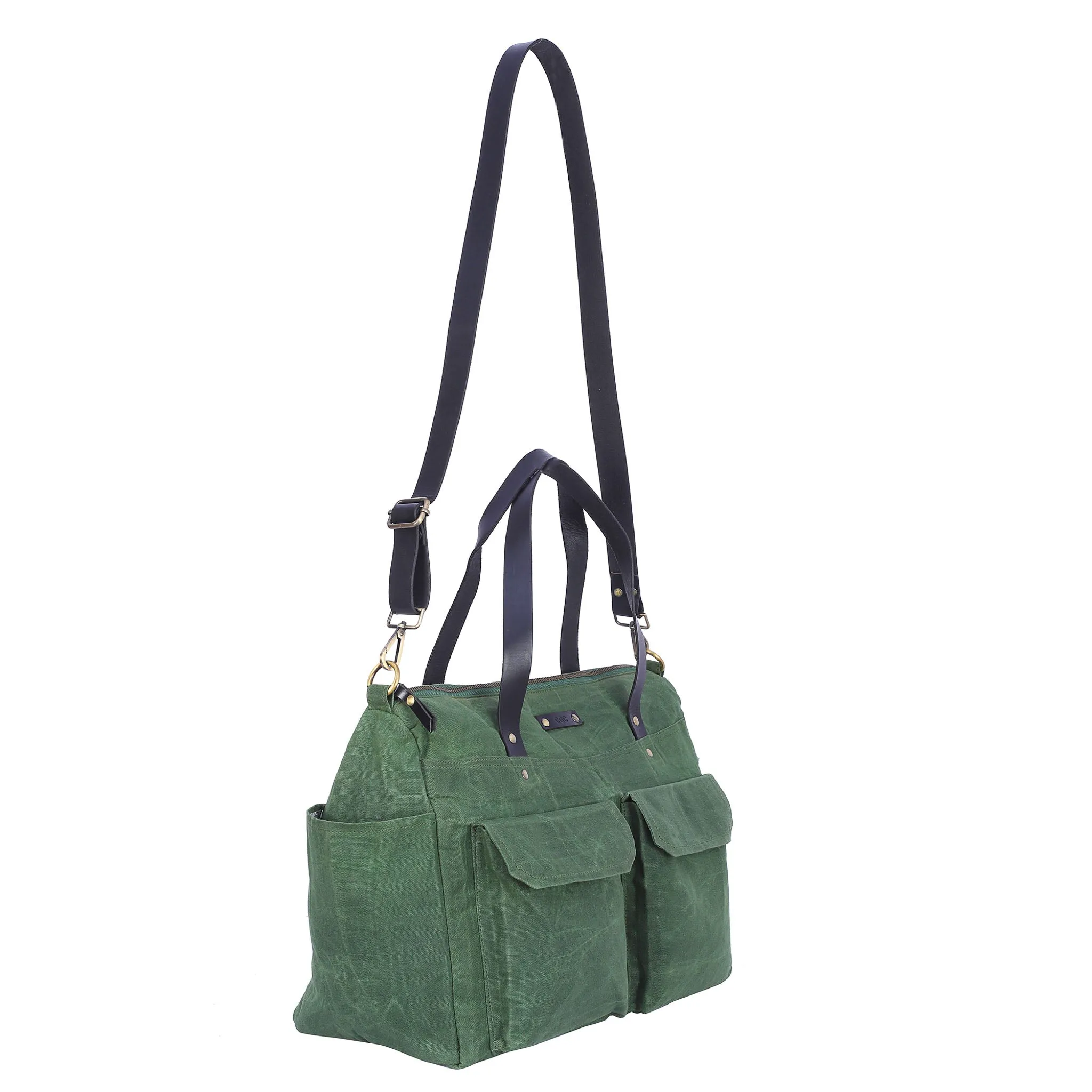 Pipa 11 Pocket Crossbody Diaper Bag Tote in Forest Green | Waxed Canvas & Leather