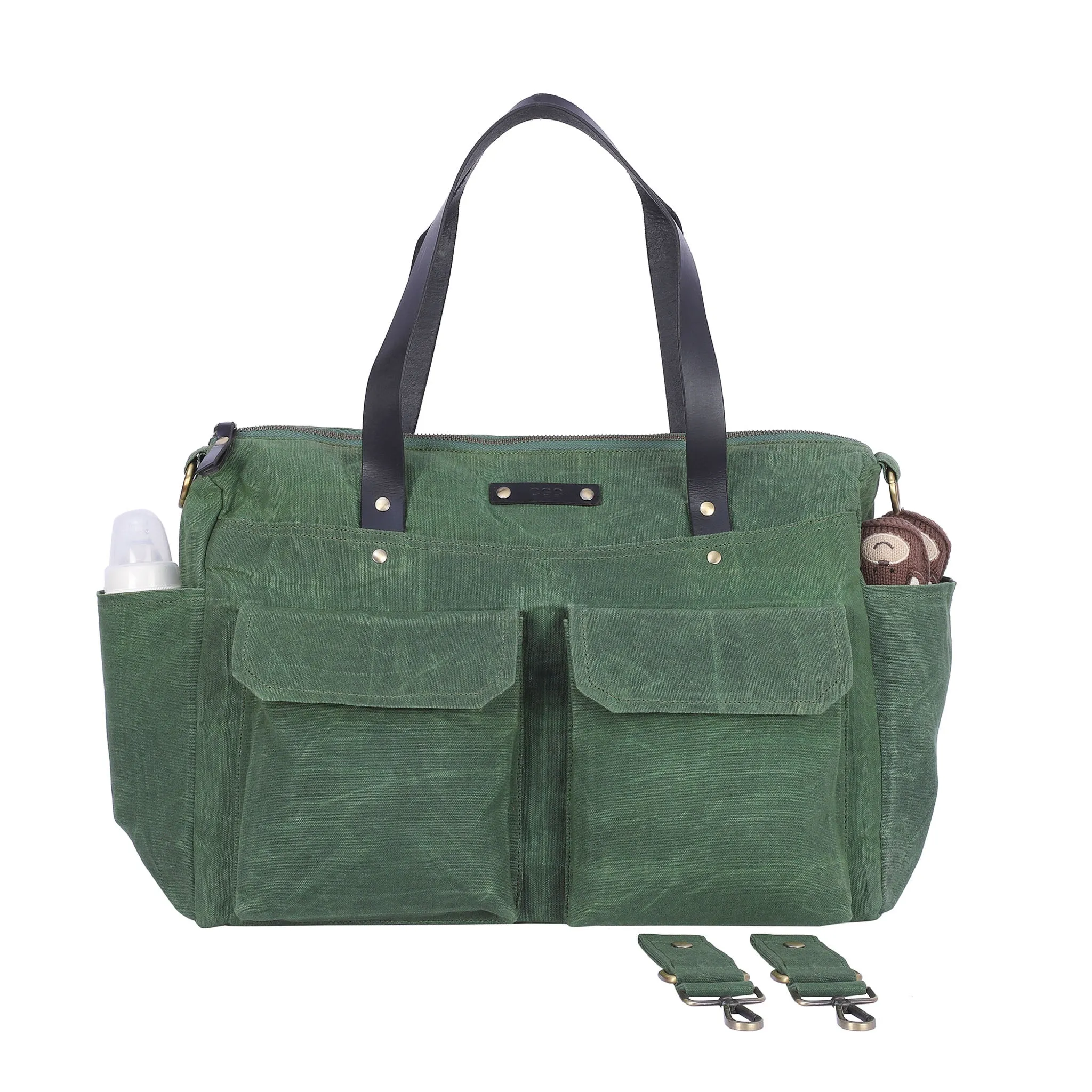 Pipa 11 Pocket Crossbody Diaper Bag Tote in Forest Green | Waxed Canvas & Leather
