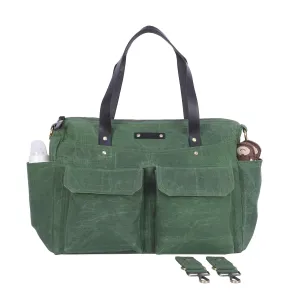 Pipa 11 Pocket Crossbody Diaper Bag Tote in Forest Green | Waxed Canvas & Leather
