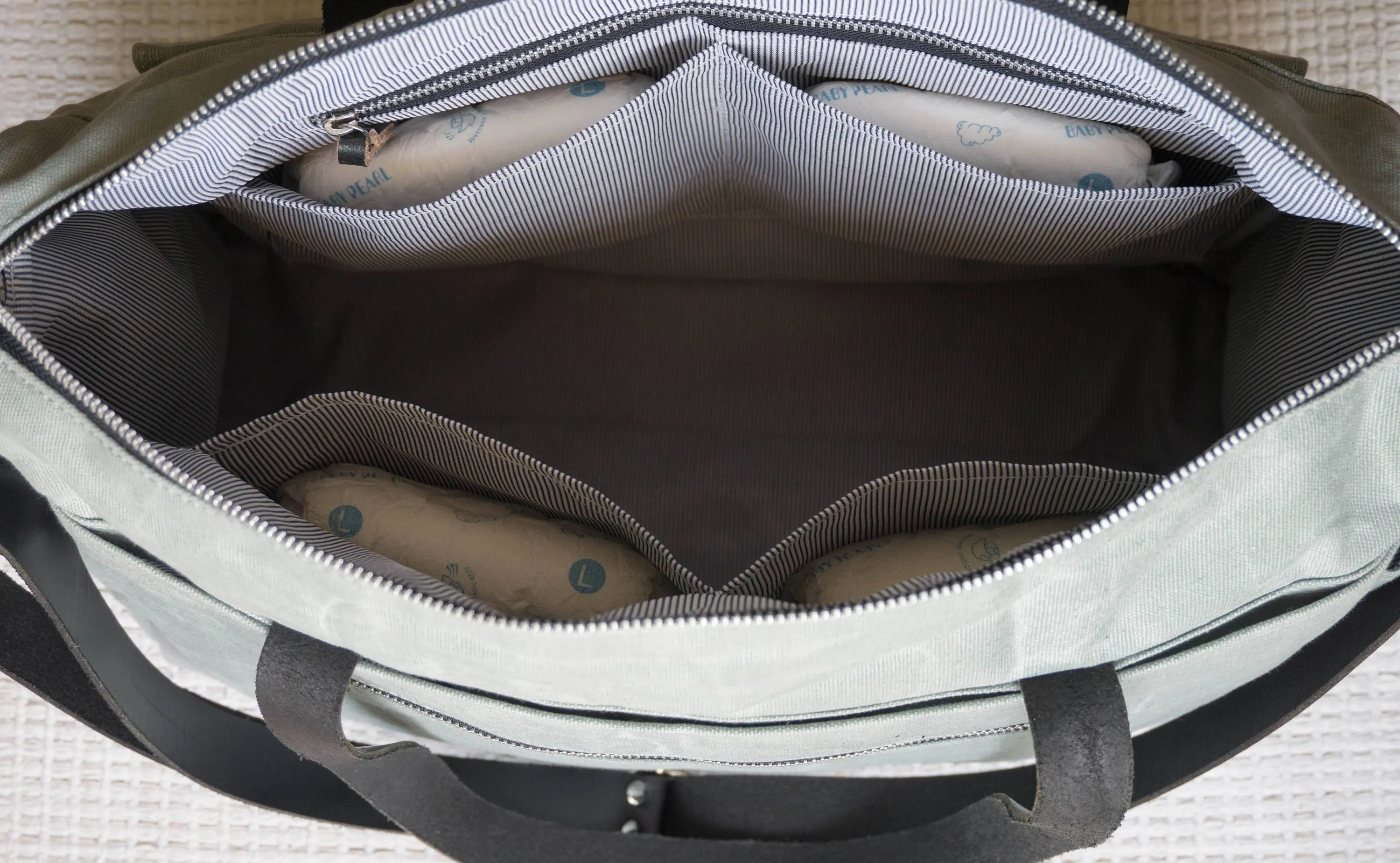 Pipa 11 Pocket Crossbody Diaper Bag Tote in Forest Green | Waxed Canvas & Leather