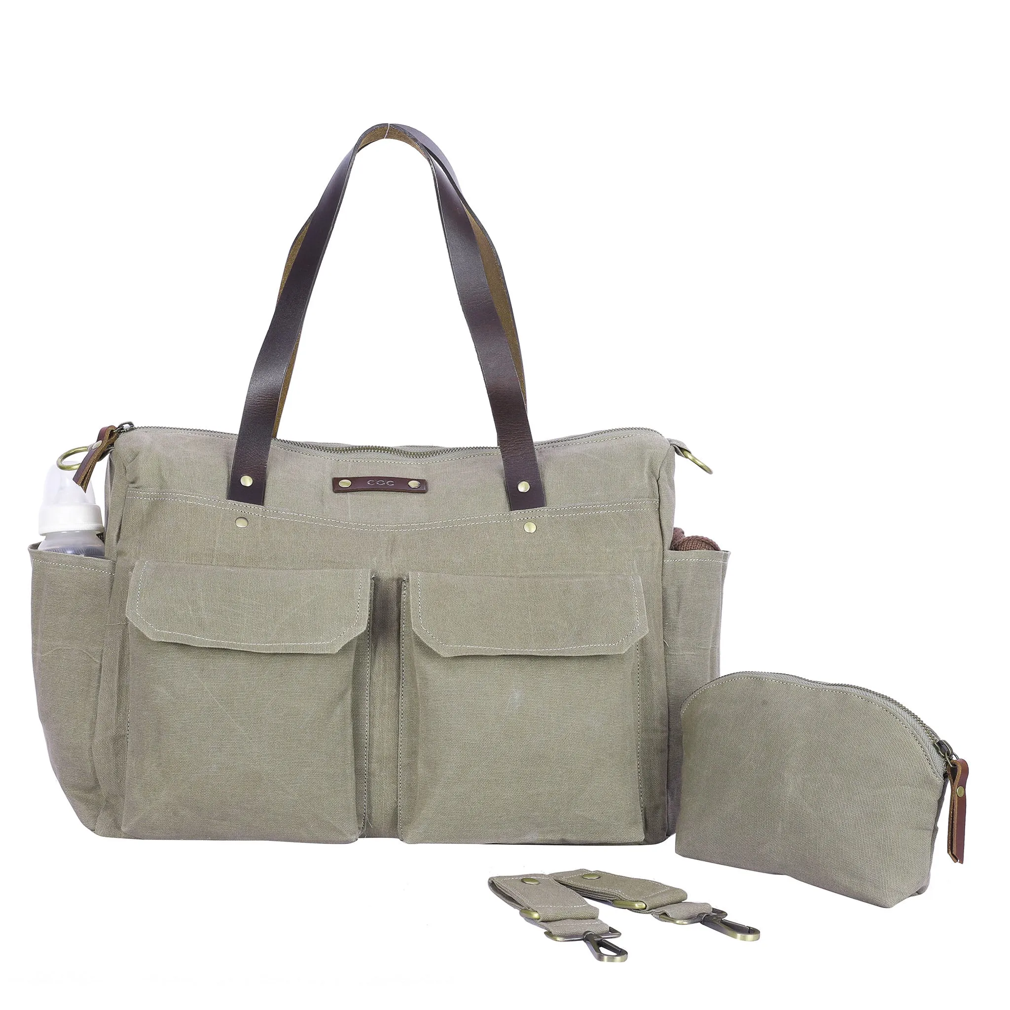 Pipa 11 Pocket Crossbody Diaper Bag Tote in Khaki | Waxed Canvas & Leather