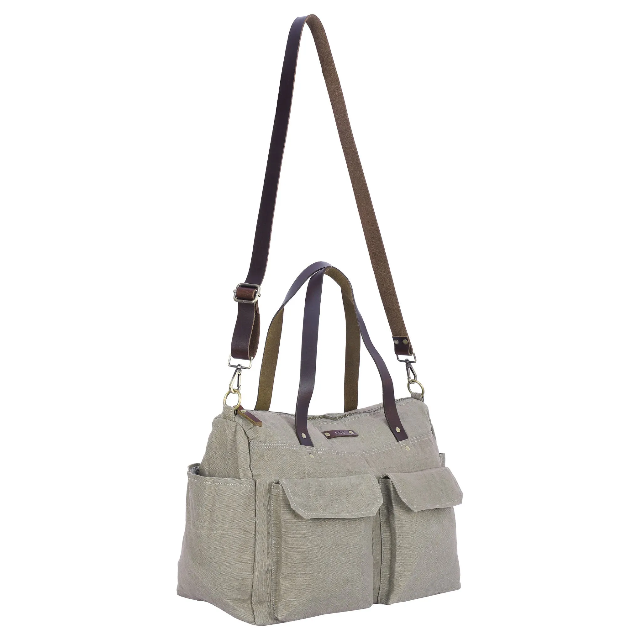Pipa 11 Pocket Crossbody Diaper Bag Tote in Khaki | Waxed Canvas & Leather
