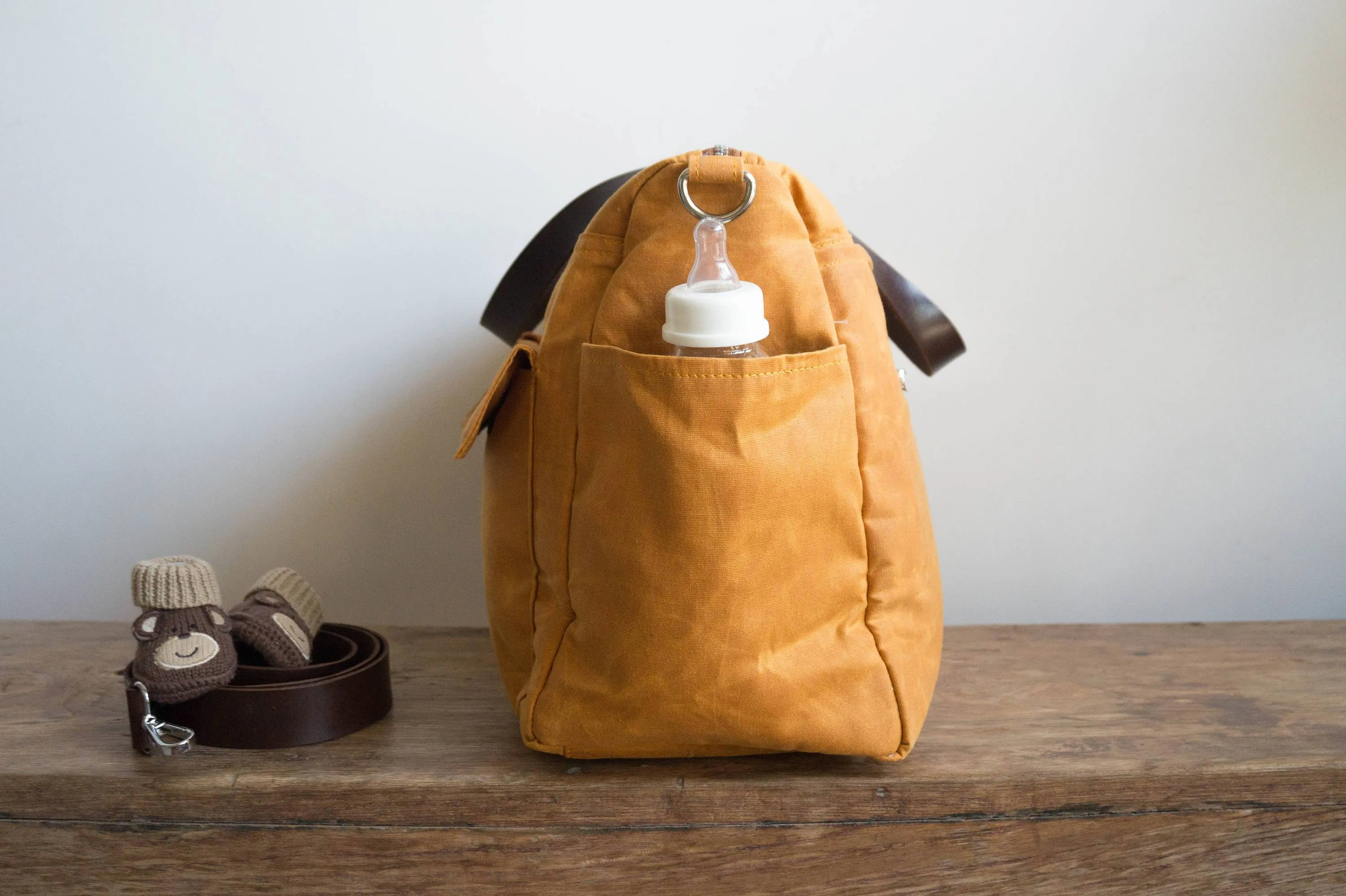 Pipa 11 Pocket Diaper Bag Tote in Burnt Yellow | Waxed Canvas & Leather