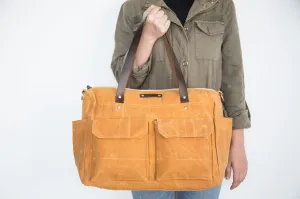 Pipa 11 Pocket Diaper Bag Tote in Burnt Yellow | Waxed Canvas & Leather