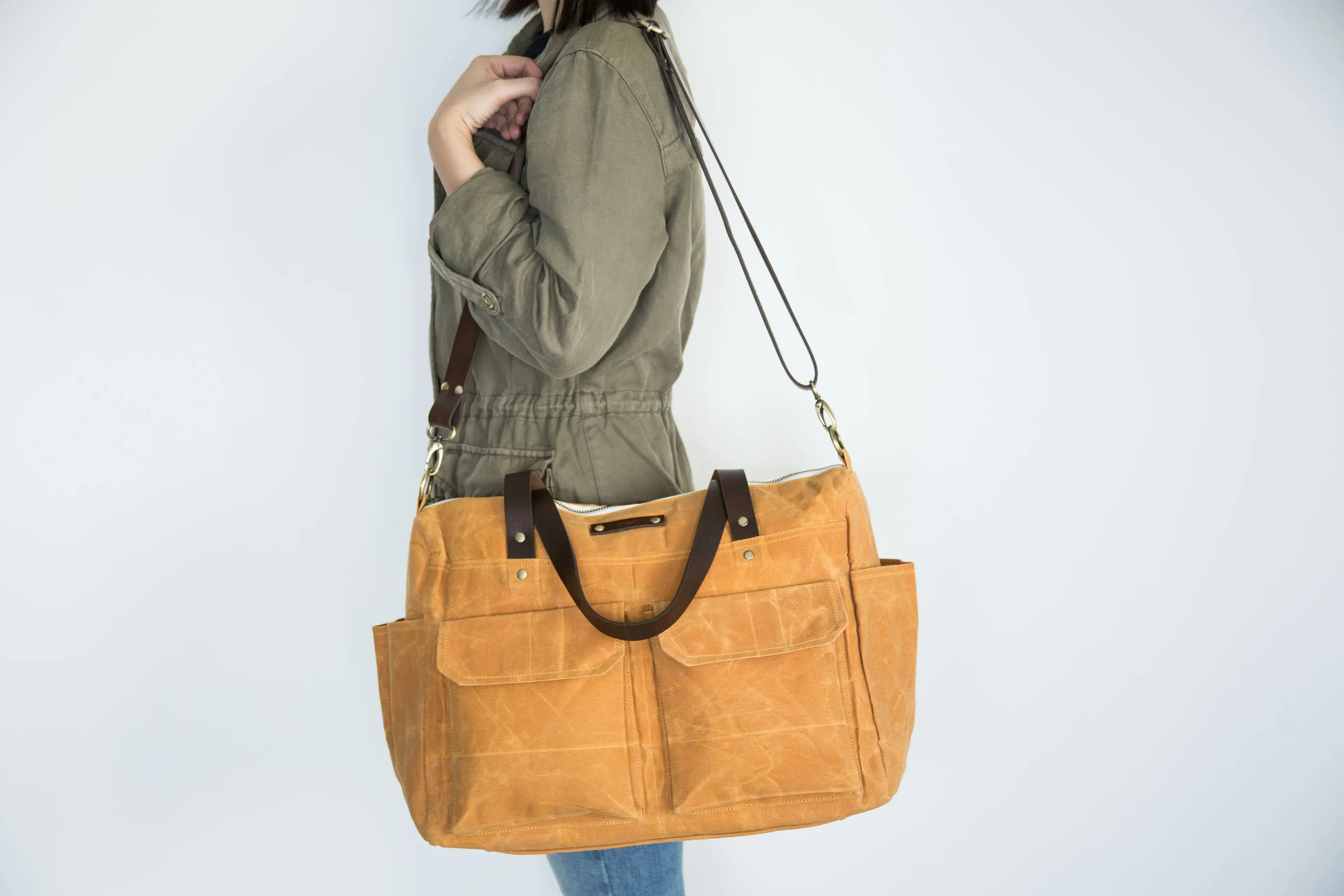Pipa 11 Pocket Diaper Bag Tote in Burnt Yellow | Waxed Canvas & Leather