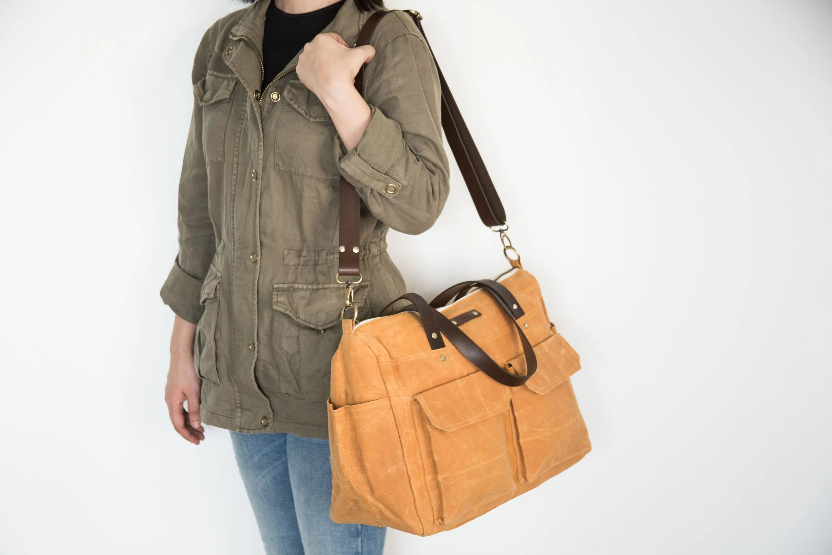 Pipa 11 Pocket Diaper Bag Tote in Burnt Yellow | Waxed Canvas & Leather