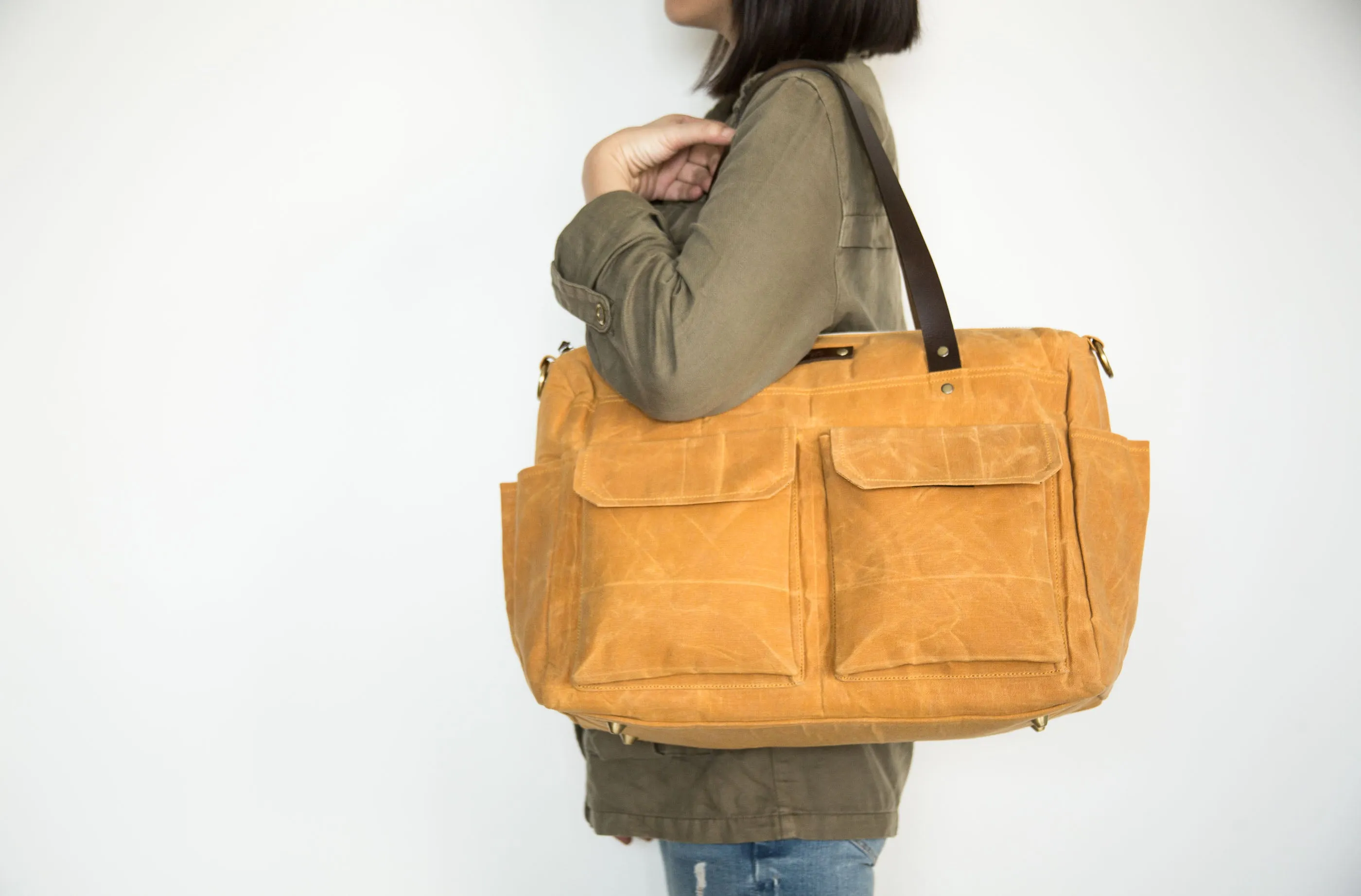 Pipa 11 Pocket Diaper Bag Tote in Burnt Yellow | Waxed Canvas & Leather