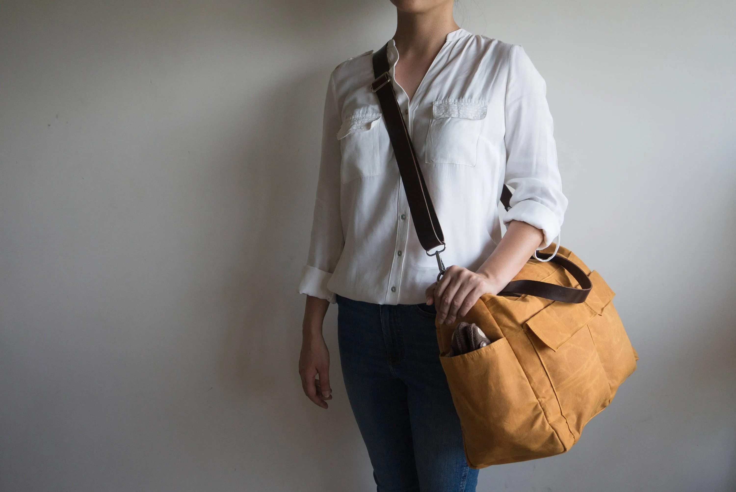Pipa 11 Pocket Diaper Bag Tote in Burnt Yellow | Waxed Canvas & Leather