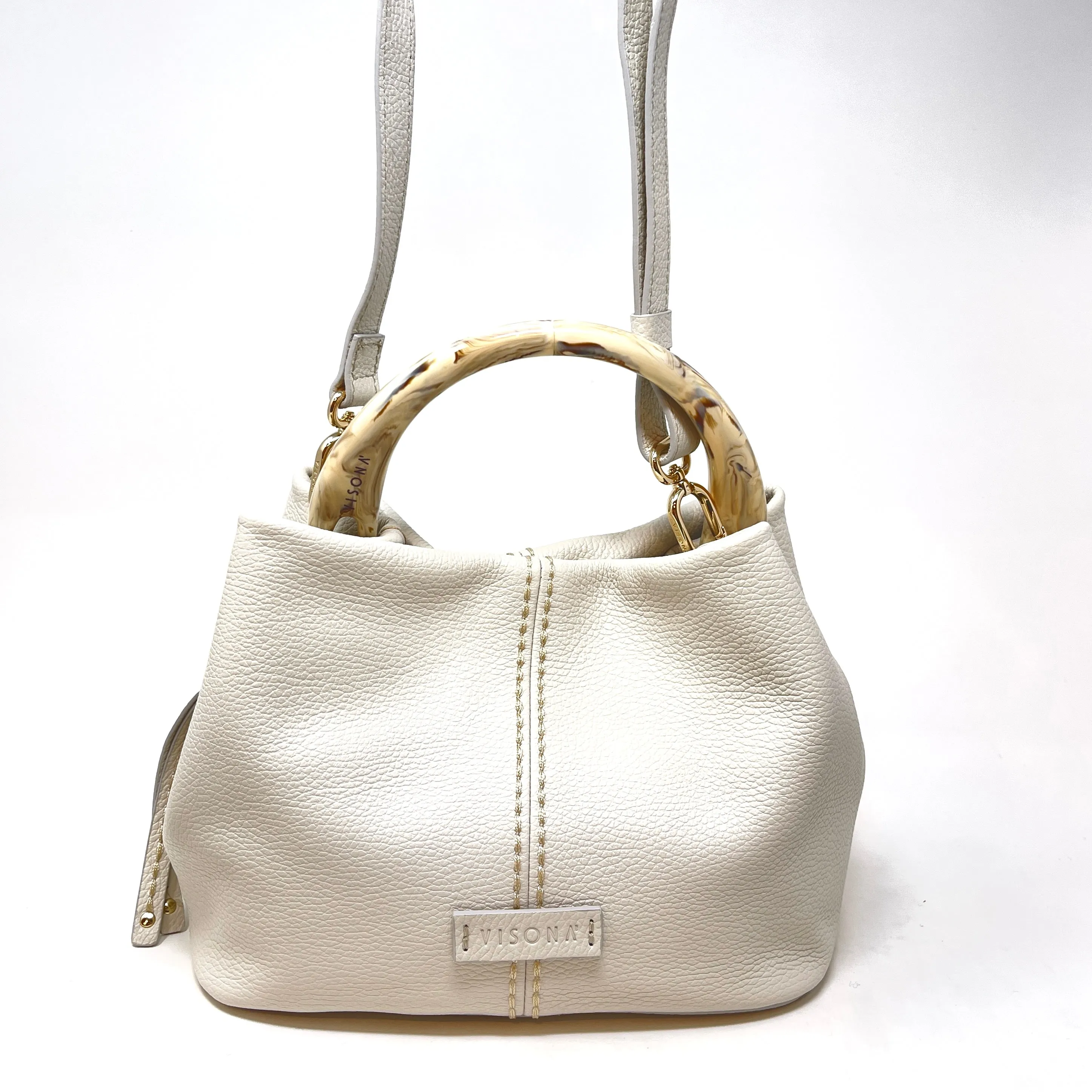 Plinio Visona Tortoise Handle Contrast Stitch Handbag