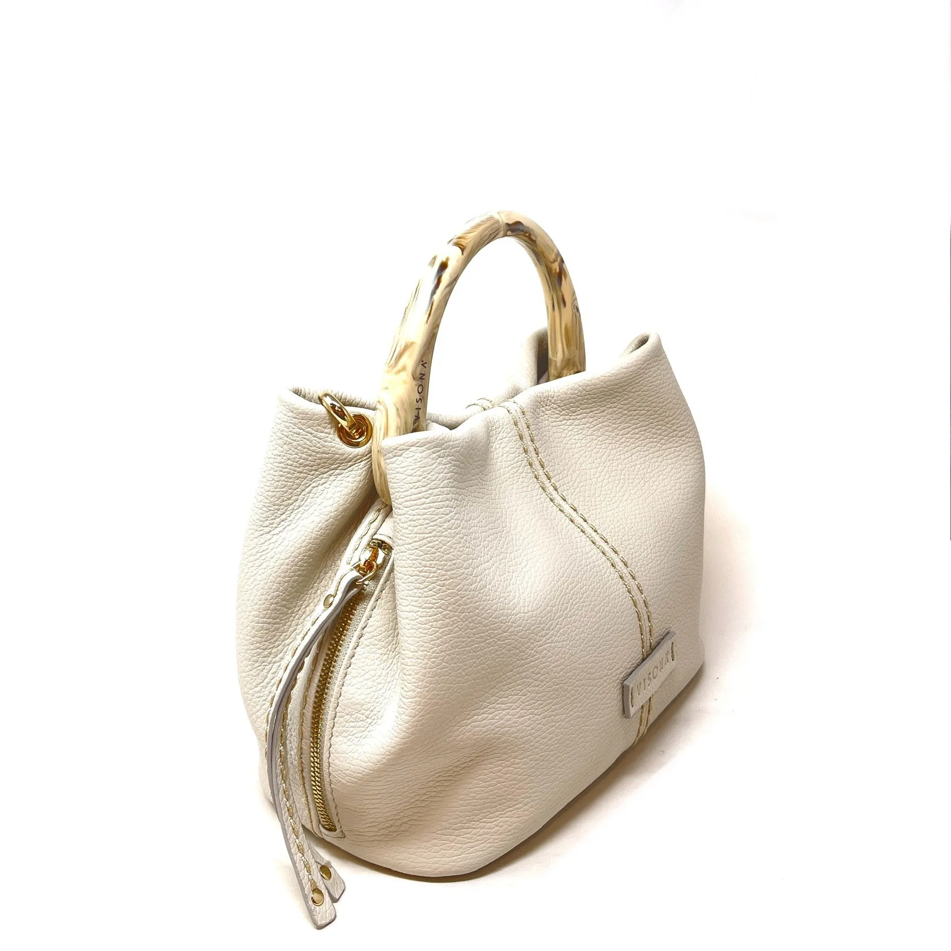 Plinio Visona Tortoise Handle Contrast Stitch Handbag