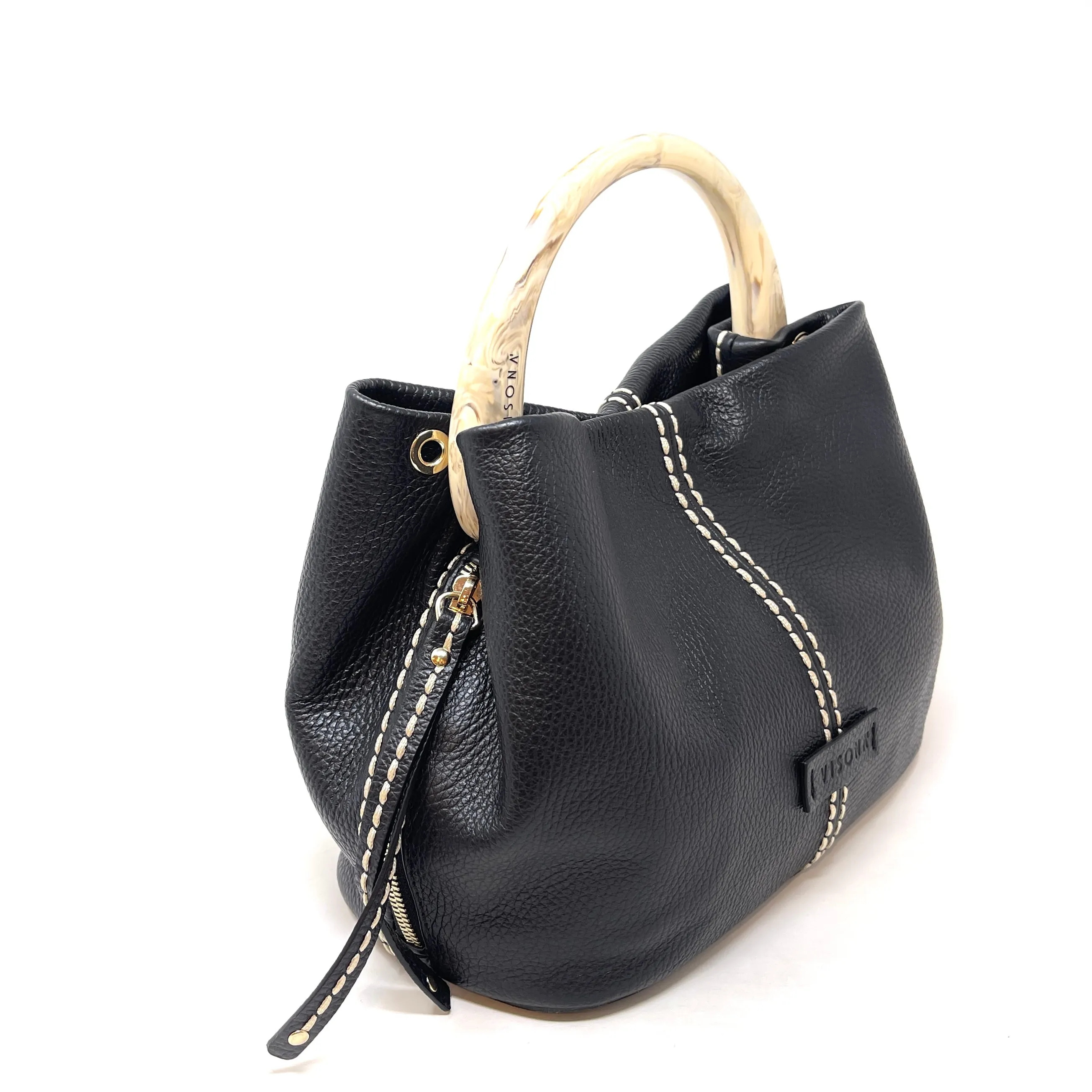 Plinio Visona Tortoise Handle Contrast Stitch Handbag