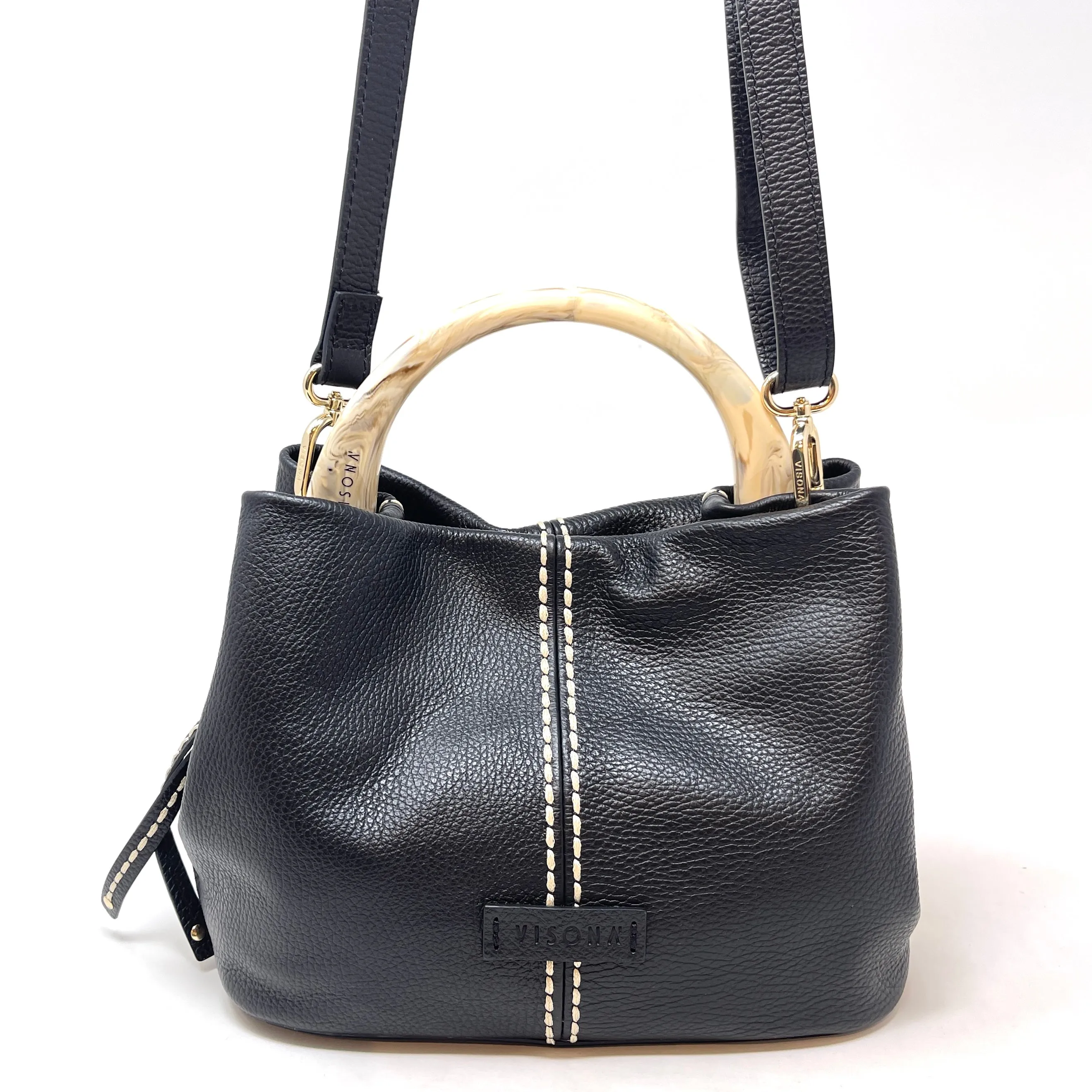 Plinio Visona Tortoise Handle Contrast Stitch Handbag