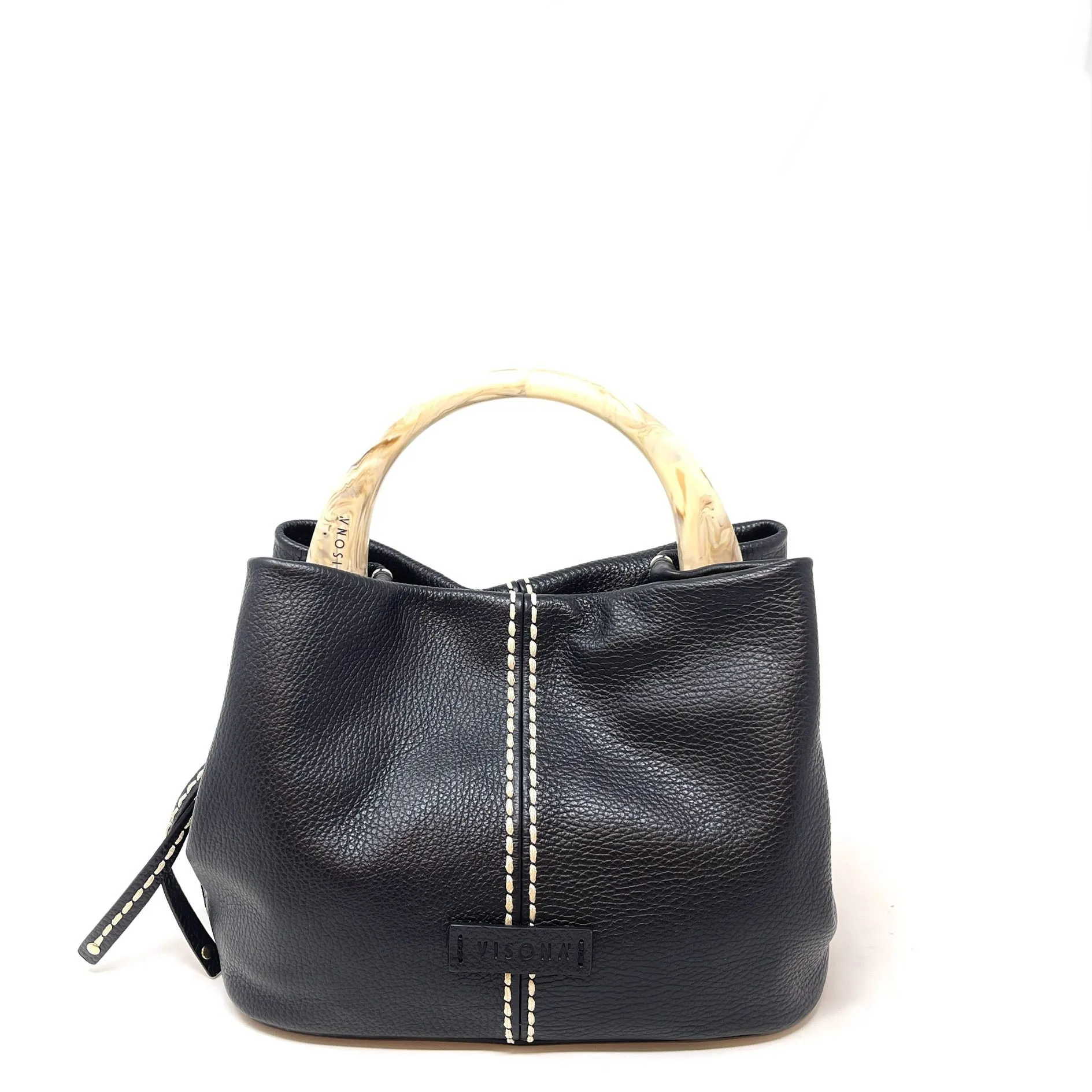 Plinio Visona Tortoise Handle Contrast Stitch Handbag