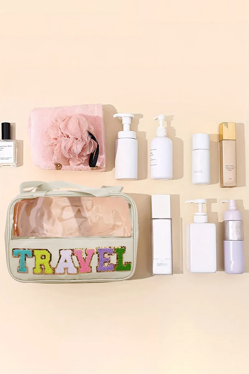 PREORDER! ETA 3/21 Chenille 'Travel' Parchment and Clear Makeup Bag **SHIPPING EXPECTED TO BEGIN ON DATE 3/21**