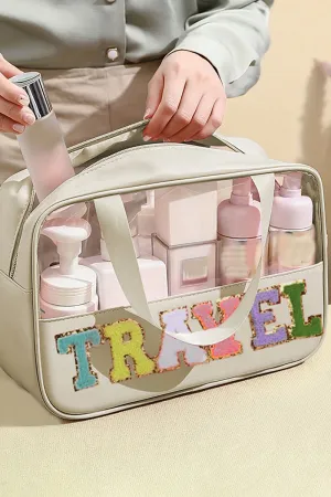 PREORDER! ETA 3/21 Chenille 'Travel' Parchment and Clear Makeup Bag **SHIPPING EXPECTED TO BEGIN ON DATE 3/21**