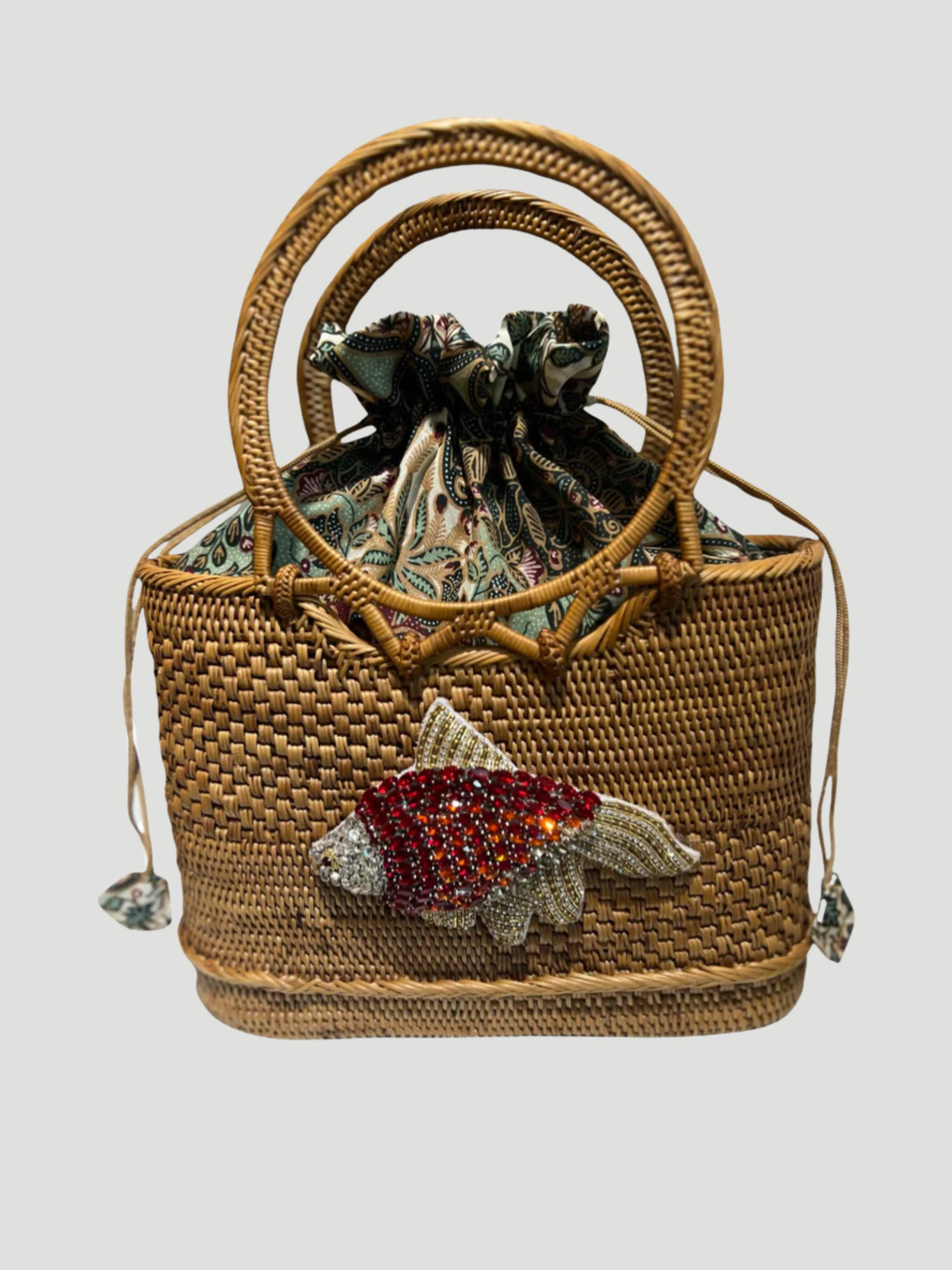 Raffia Tote with Embroidered Fish