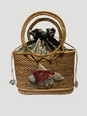 Raffia Tote with Embroidered Fish
