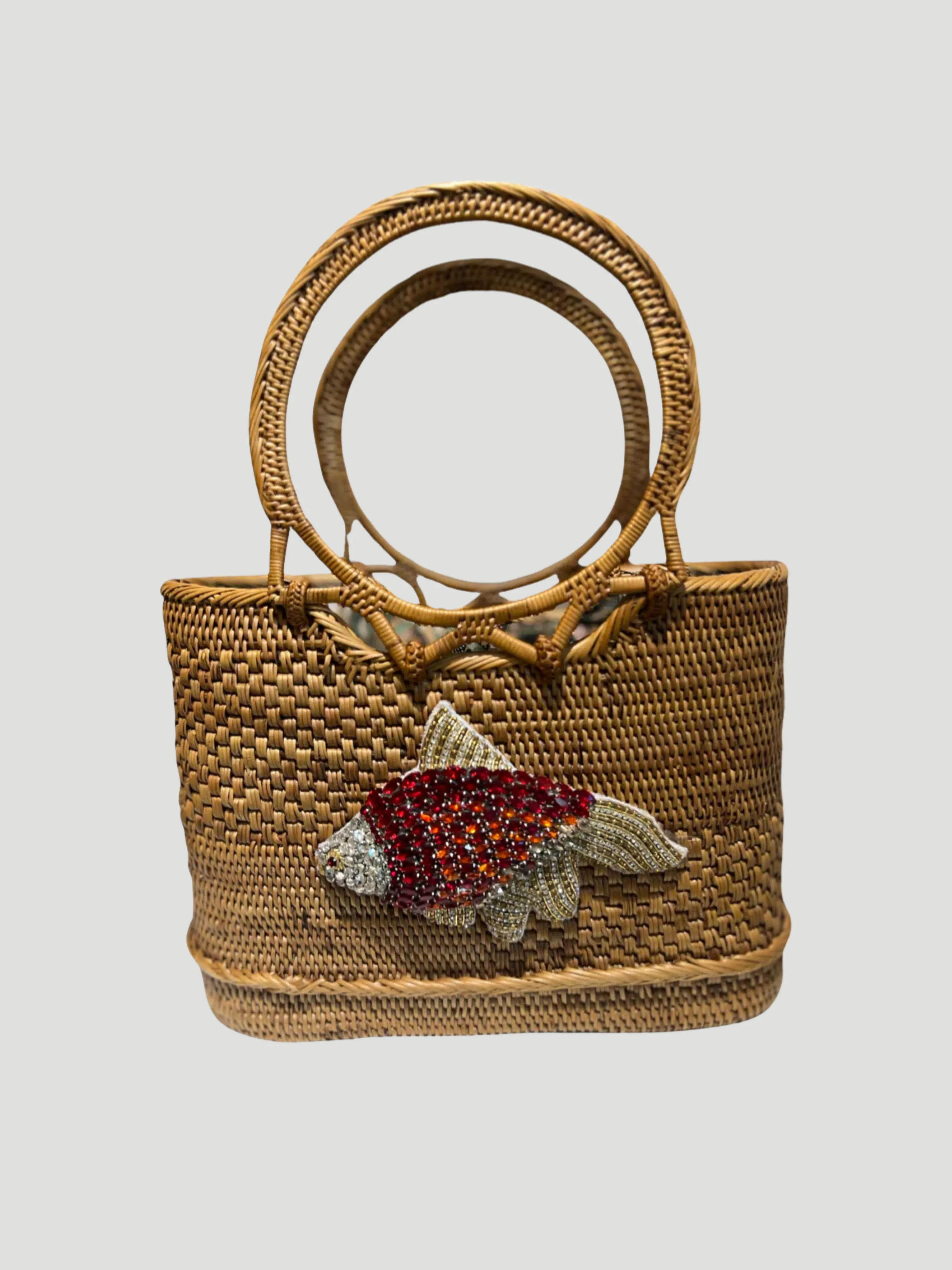 Raffia Tote with Embroidered Fish
