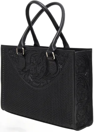 Rafter T Ranch Black Floral Tooled Tote Hand Bag