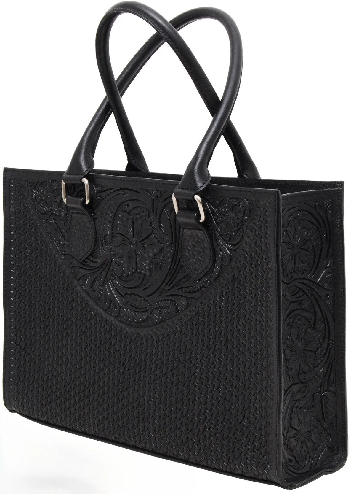 Rafter T Ranch Black Floral Tooled Tote Hand Bag