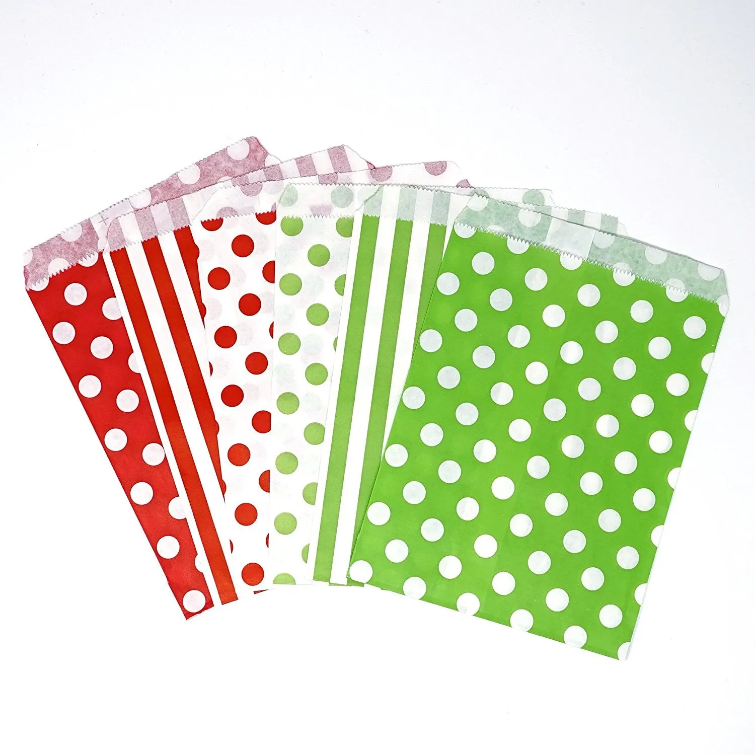 Red and Green Chevron, Dot, and Stripe Paper Treat Favor Bags 5x7 Gift Bags - 48 count