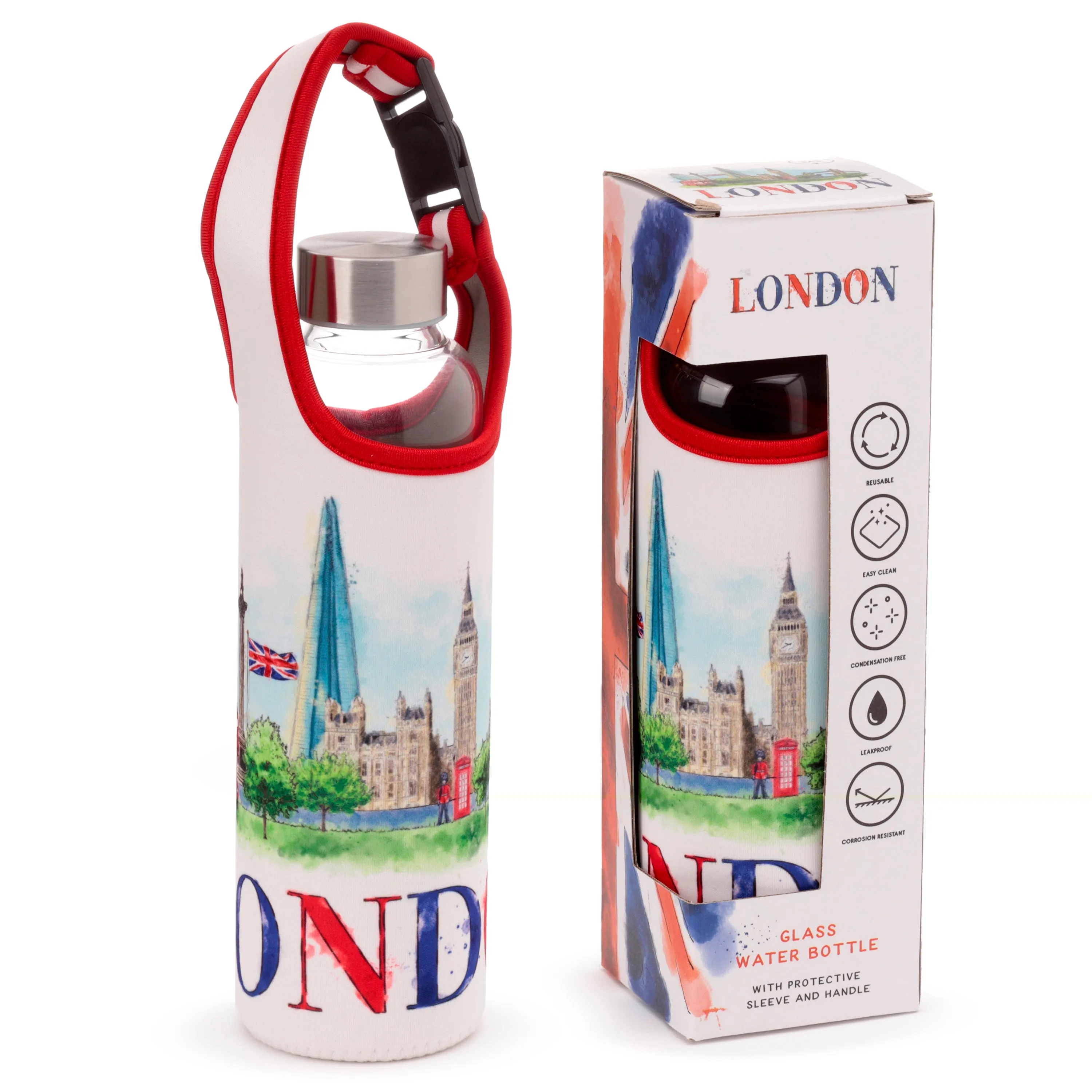 Reusable 500ml Glass Water Bottle with Protective Neoprene Sleeve - London Icons