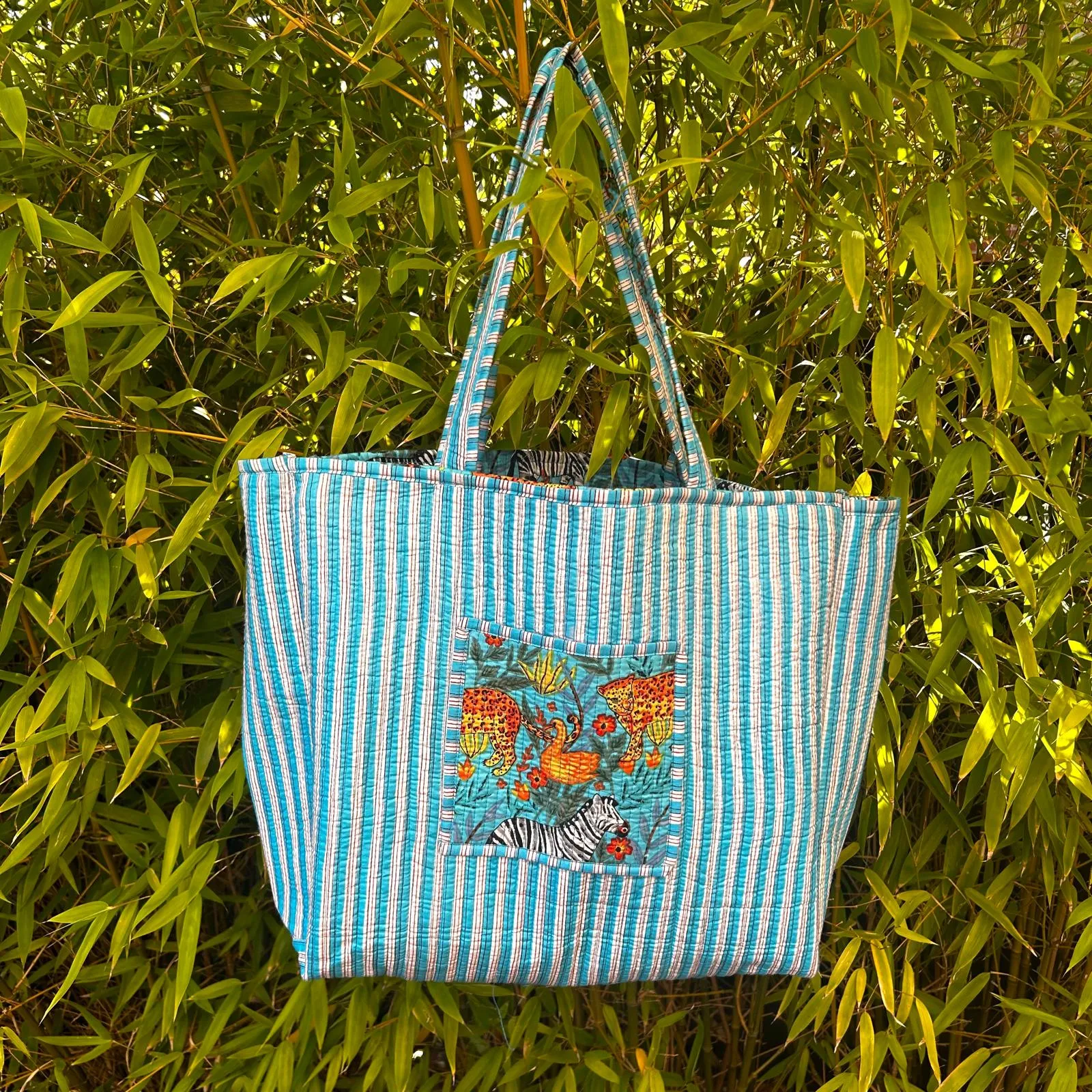 Reversible Large Tote  - Aqua Jungle
