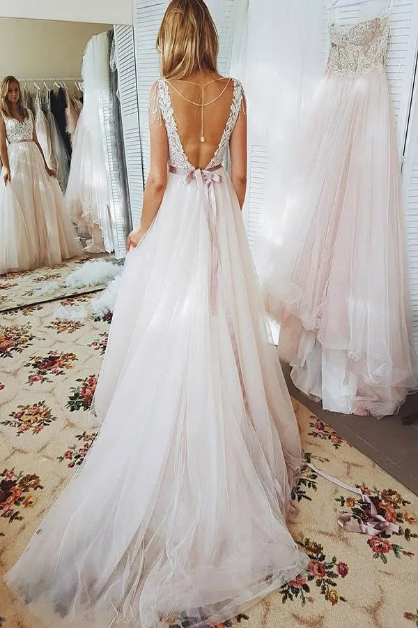 Roycebridal Fabulous Lace A Line Bodice Open Back Beach Wedding Dresses with Sash, MW180