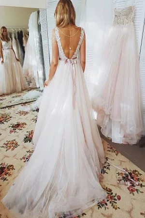 Roycebridal Fabulous Lace A Line Bodice Open Back Beach Wedding Dresses with Sash, MW180