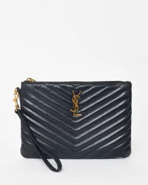 Saint Laurent Black Chevron Matelassé Leather Logo Cassandre Wristlet Pouch