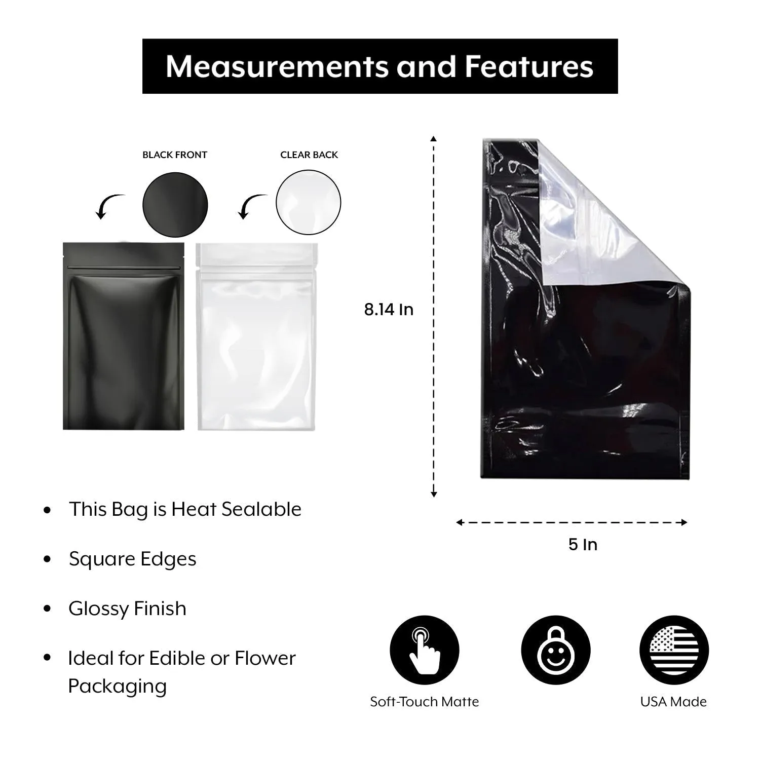 SAMPLE of Mylar Bag Black/Clear - 1/2 Oz - 14 Grams - 5x8.15" - (1 Count SAMPLE)